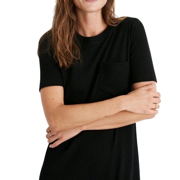 Madewell Black Short Sleeves Ribbed Pocket Tee Midi Dress Slit Sides Size XS - Picture 5 of 10